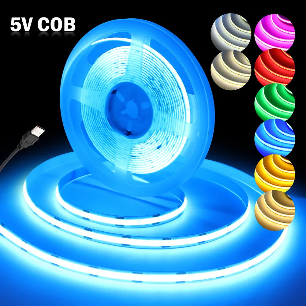 5V USB COB LED Strip Light Tape White Red Green Pink Ice Blu