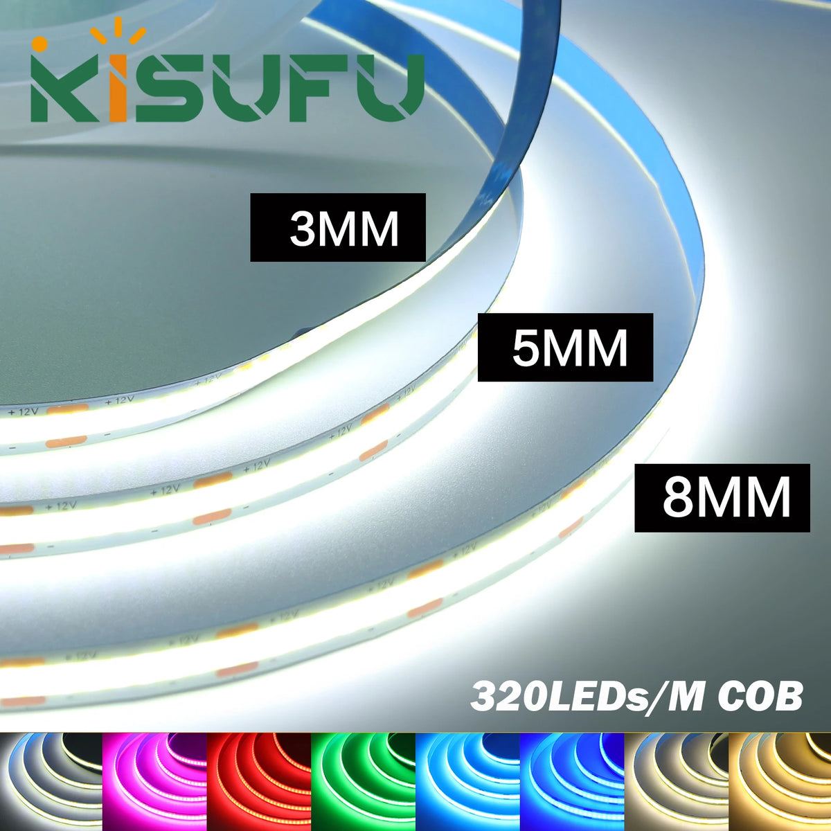 8mm 5mm 3mm PCB COB LED Strip Lights 12V 320LEDs/M RA90 Dimm