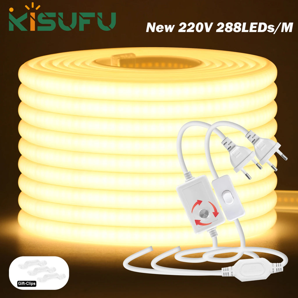 220V Dimmable COB LED Neon Strip Light With Switch/Dimmer Pl