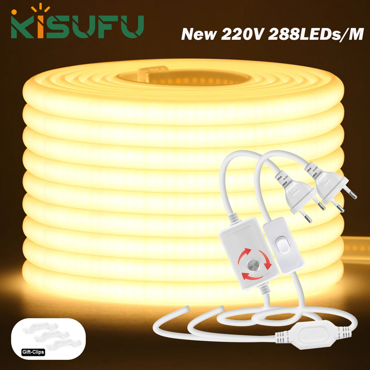 220V Dimmable COB LED Neon Strip Light With Switch/Dimmer Pl