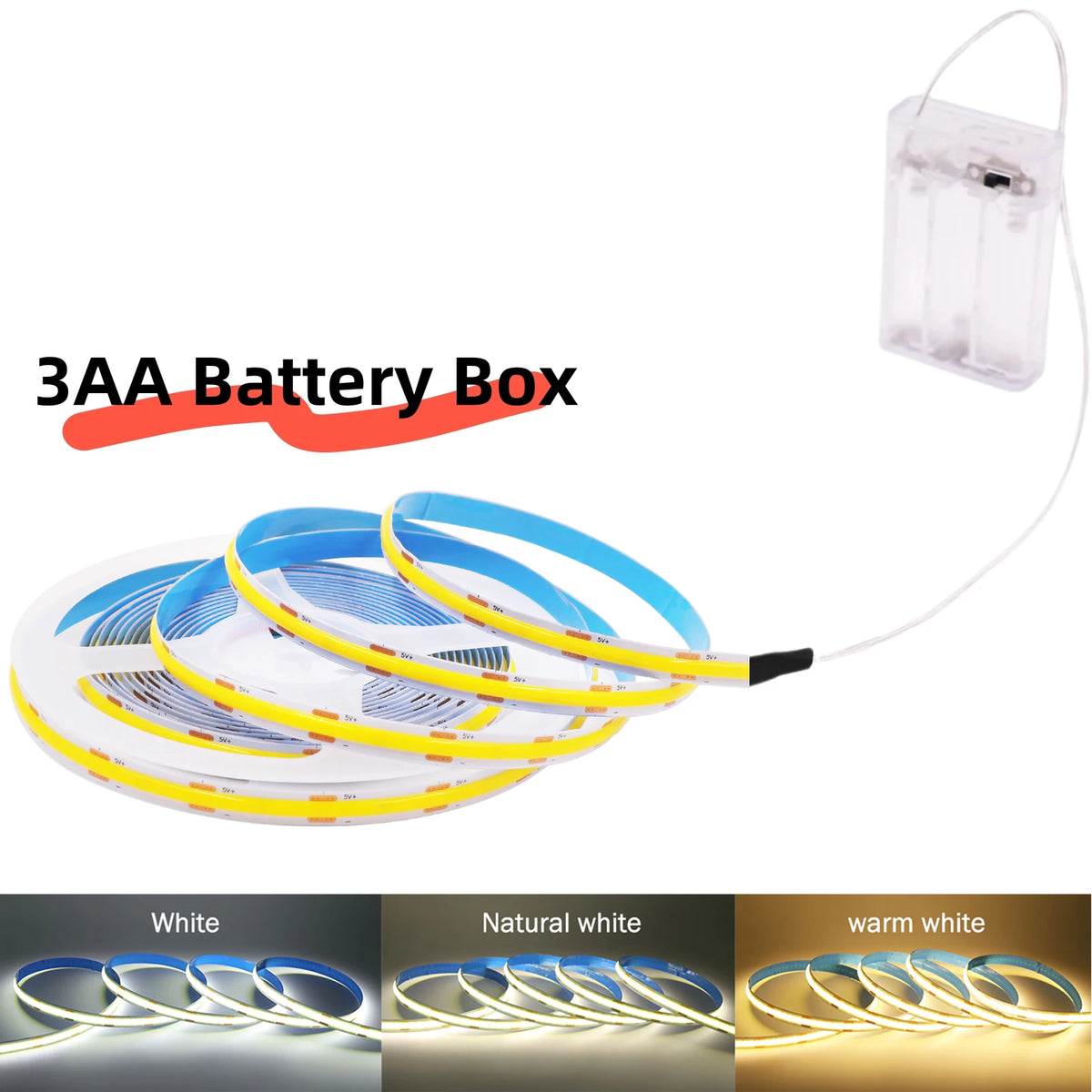 3AA Battery Box 5V COB Led Strip 8MM 320LEDs/M Warm Natural 