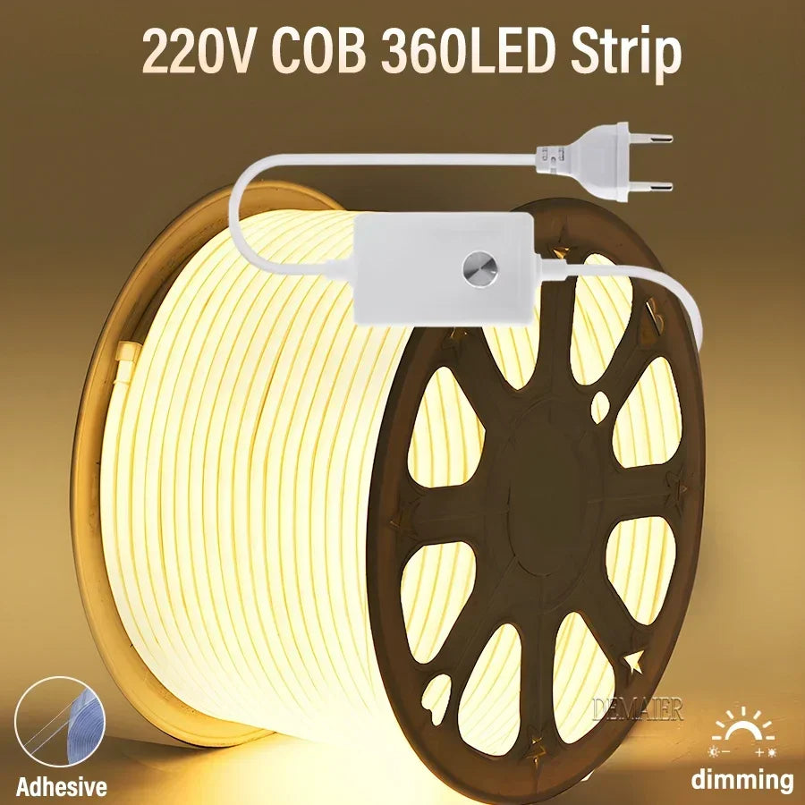 LED Strip Brightness Waterproof COB LED Strip 220V Flexible Ribbon for Room Bedroom 360 LEDs/m Kitchen Outdoor Garden Lighting