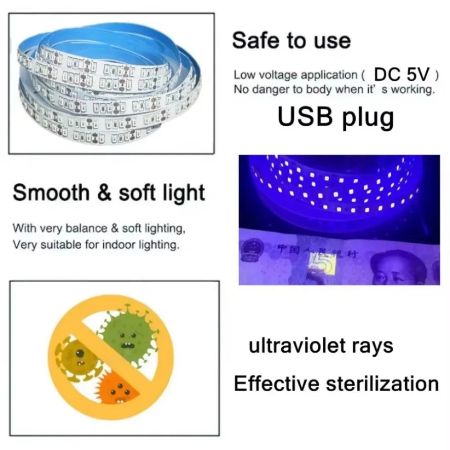 5V Flexible UV LED Strip Light 2835 SMD USB Purple Ultraviol