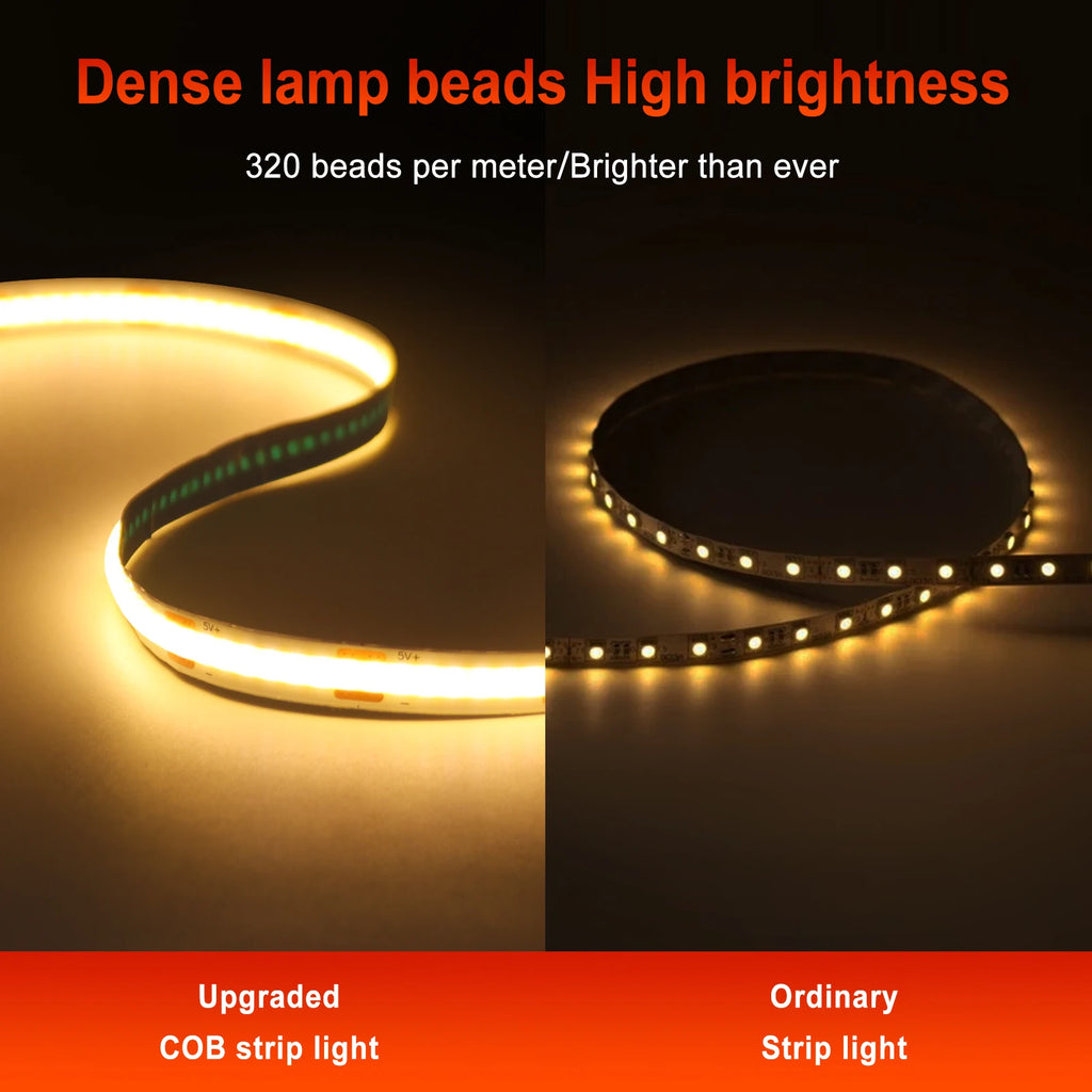 3AA Battery Box 5V COB Led Strip 8MM 320LEDs/M Warm Natural 