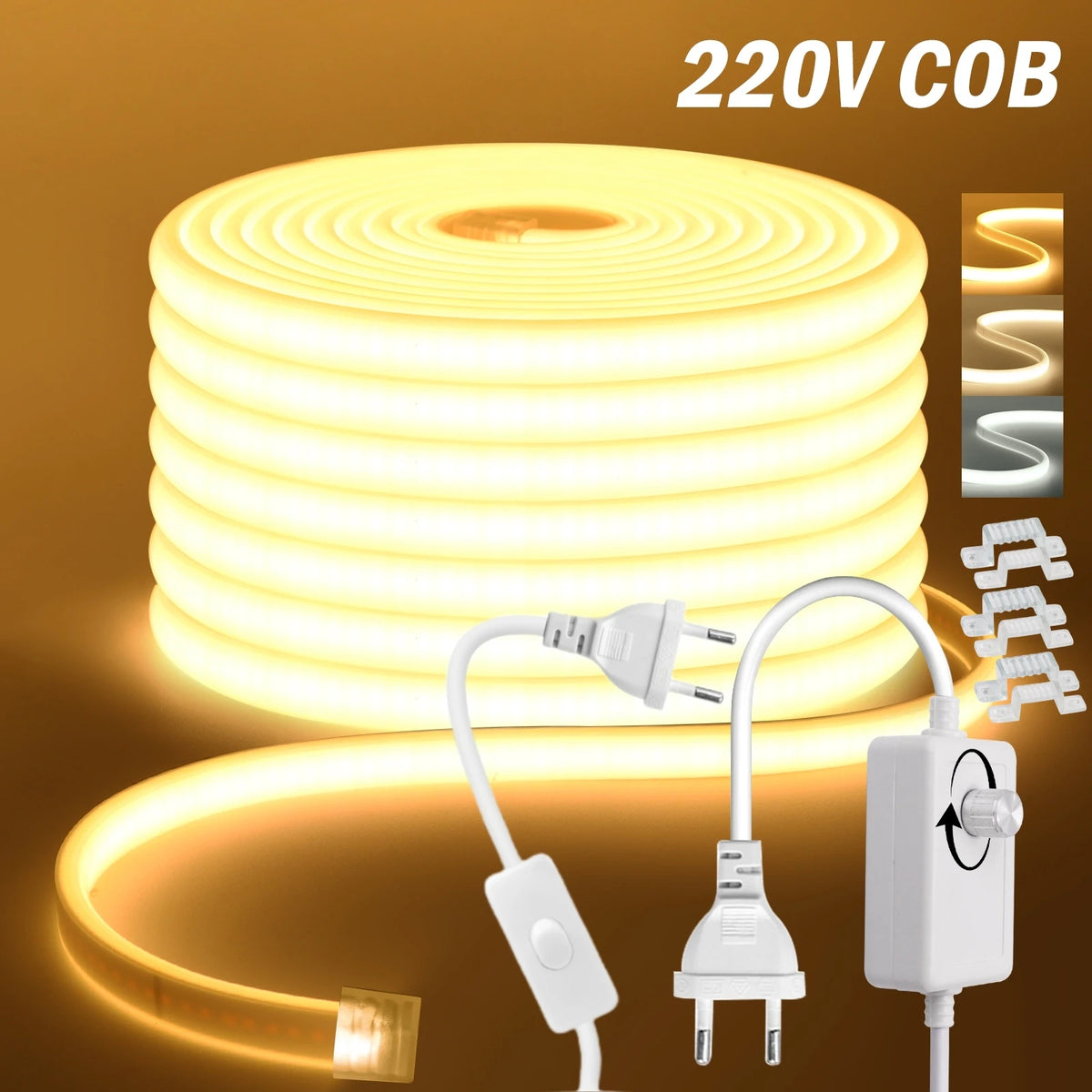 COB LED Strip Light With EU Switch/Dimmer Plug 220V 230V 240