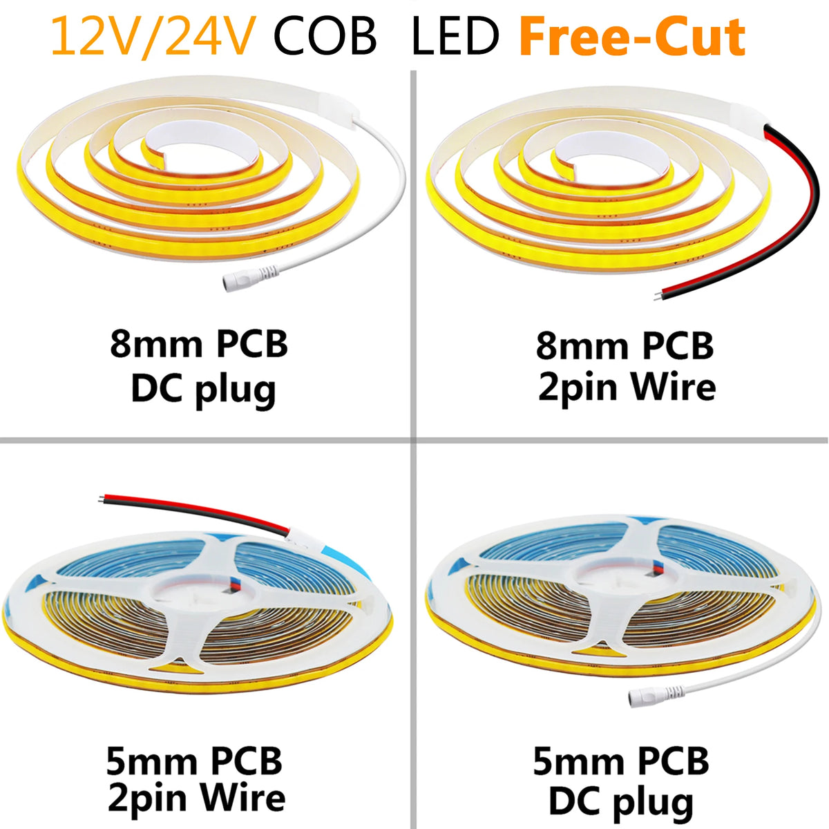 5mm 8mm PCB COB LED Light Strip Free Cut 12V 24V With 2PIN W