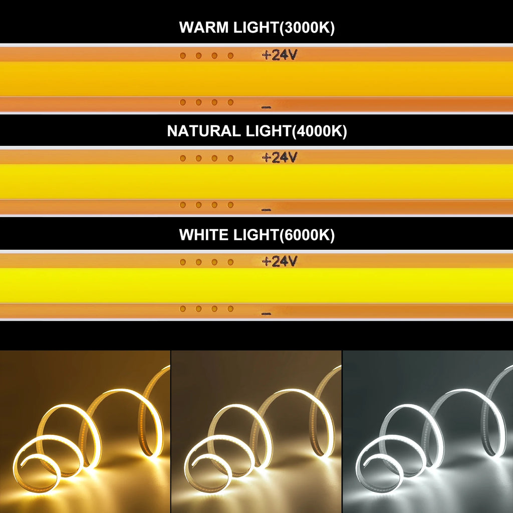 5mm 8mm PCB COB LED Light Strip Free Cut 12V 24V With 2PIN W