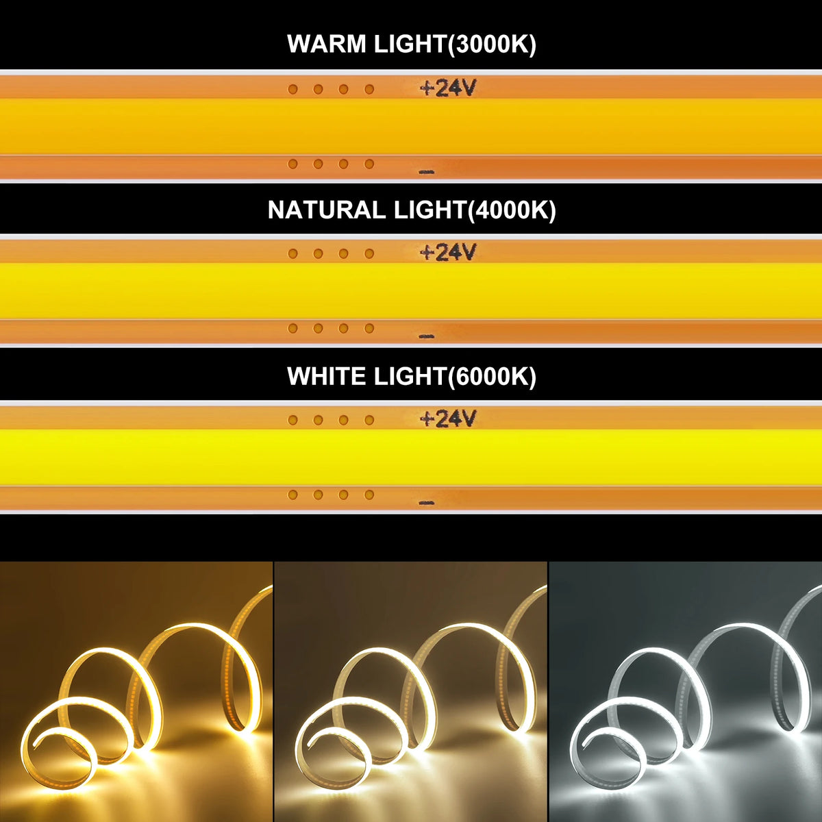 5mm 8mm PCB COB LED Light Strip Free Cut 12V 24V With 2PIN W