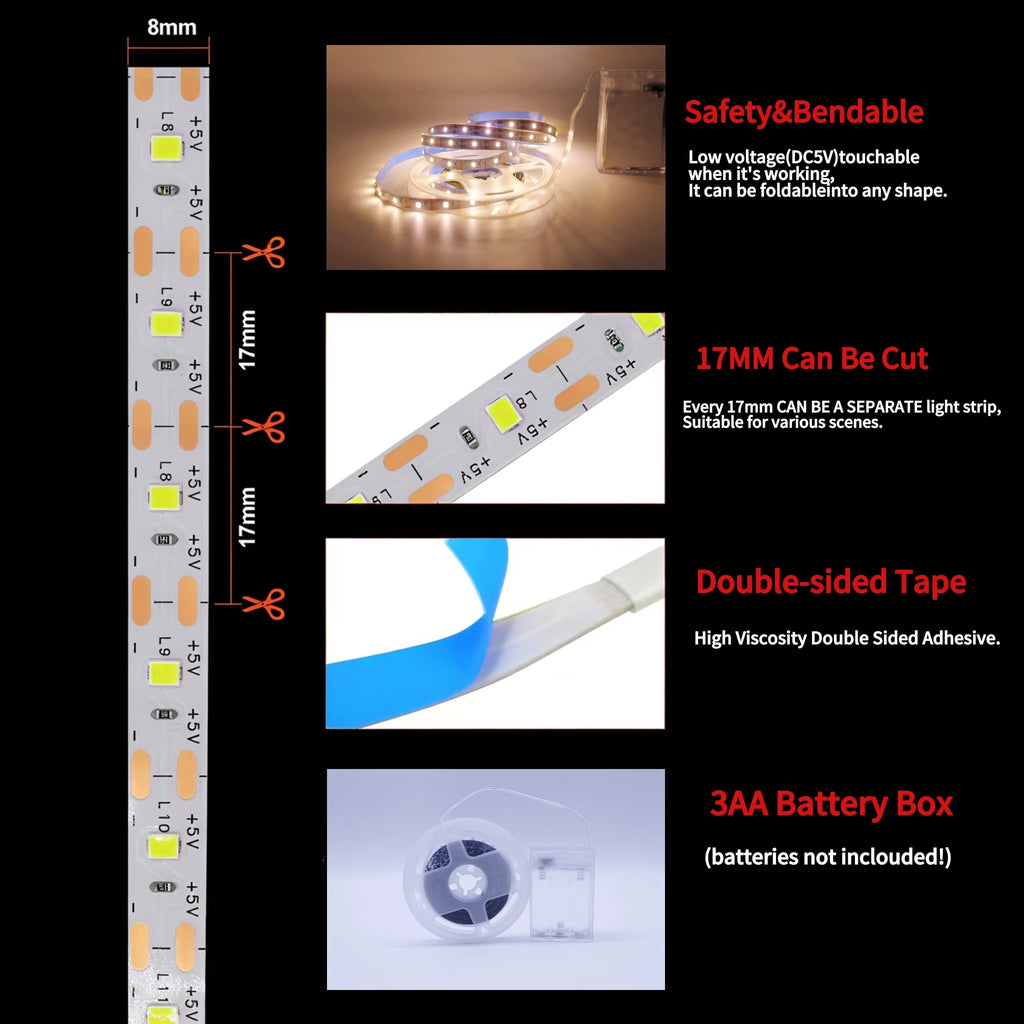 3AA Battery Power Led Strip Light 2835 1M 2M 3M 4M 5M Night 