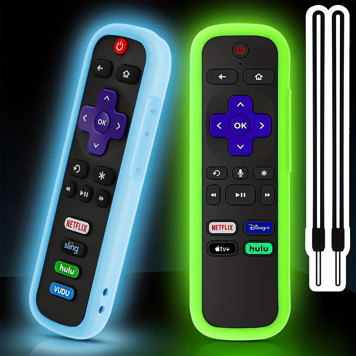 2pcs Glow-in-the-Dark Silicone Remote Cover for TCL Hisense and Roku TVs - Protects Your Remote and Includes Lanyard