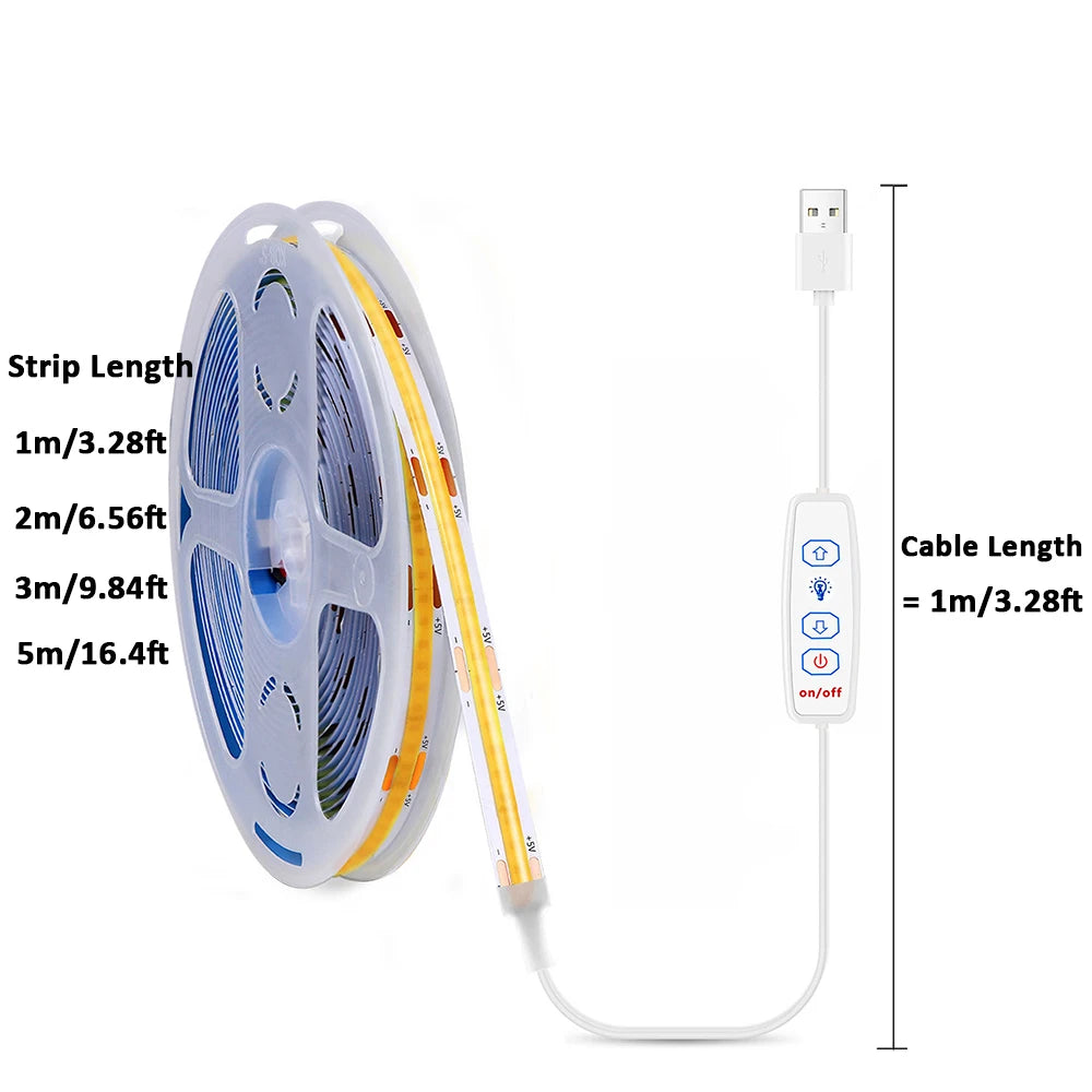 LED Strip Lights USB 5V COB Led Strip with Dimmer for Under 