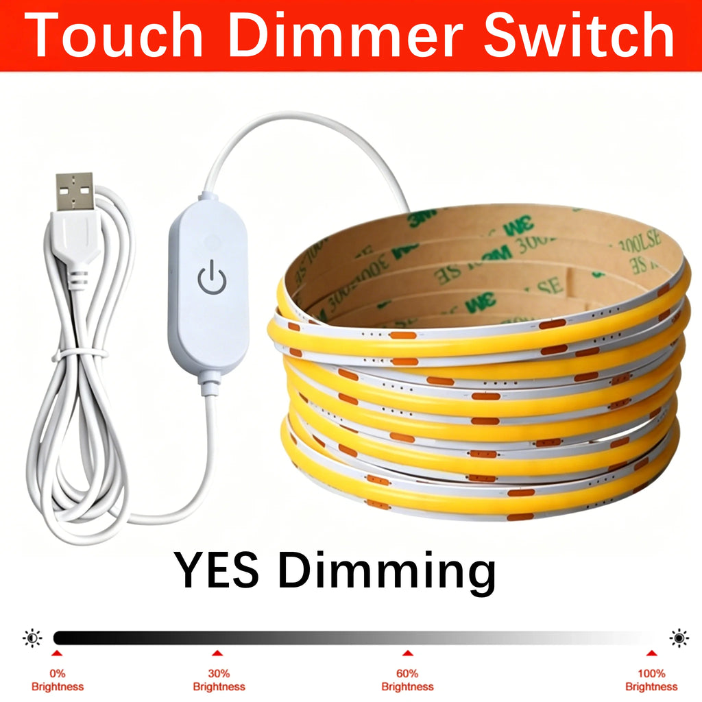 DC5V USB COB Led Strip Light With Dimmer Switch 8MM PCB Flexible Adhesive Tape 320LEDs/m TV Background Lighting Night Lamp 1-5m