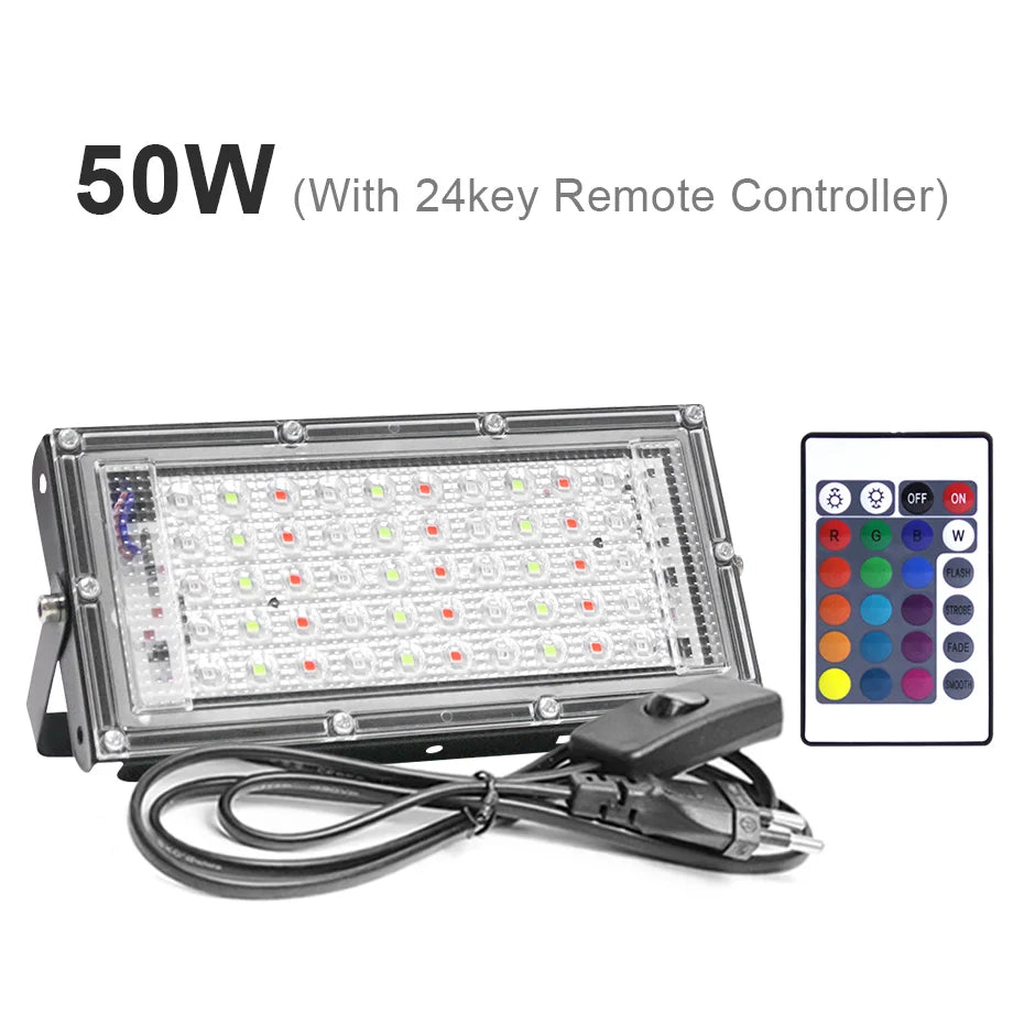 IP65 Waterproof RGB LED Flood Light 50W/100W/300W AC220V Outdoor Projector LED Spotlight with Remote Control & EU Switch Plug