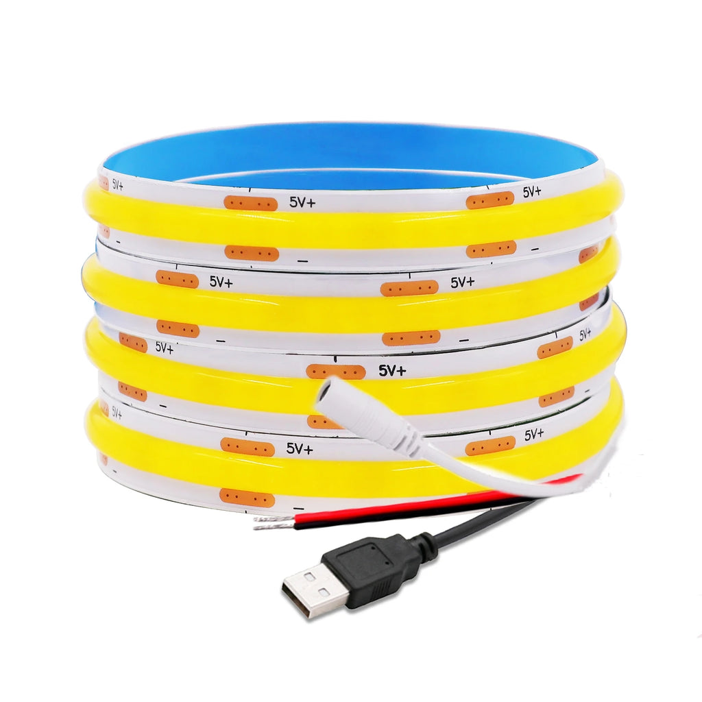5V USB COB LED Strip with 2Pin Wire DC Plug 320leds/m Linear