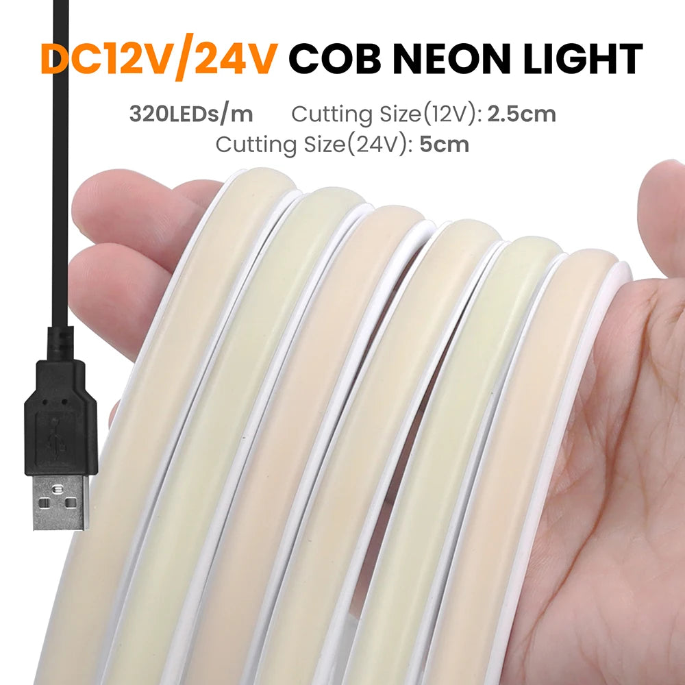 USB COB Neon Strip Light DC 5V 320LED/m Flexible Silicone Ro