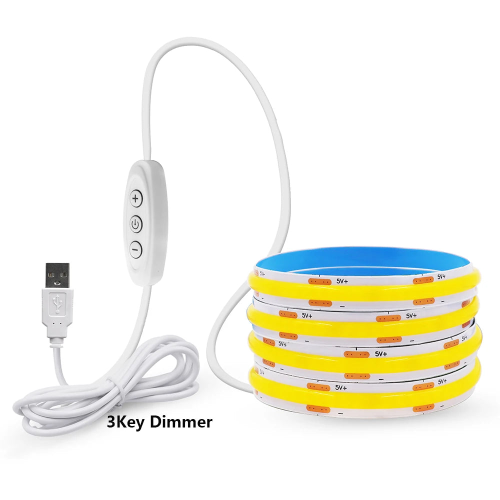 5V USB COB LED Strip Light 3Keys Touch Dimmable ON/OFF Switch Bright Red Green Blue Warm White 320LEDs Flex Ribbon Tape 8mm PCB