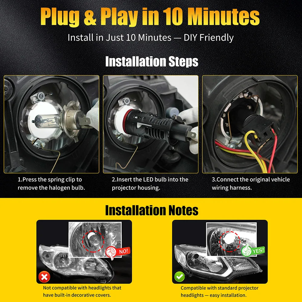 Aileo 2Pcs 90000LM 400W Projector H4 Lens LED Car Headlight 